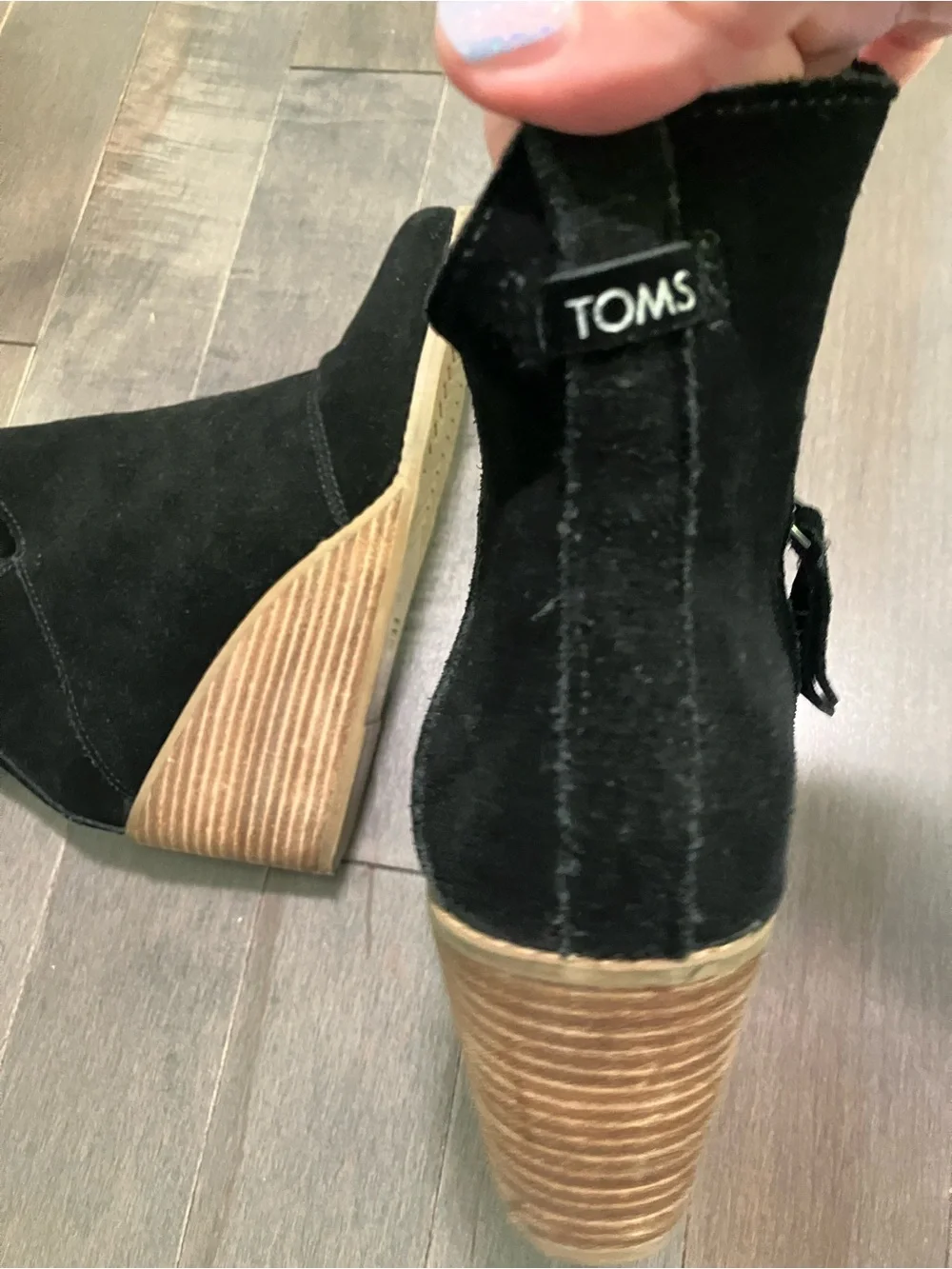 Tom’s Black Suede Wedge Booties size 9 with Stacked Wood Heel
